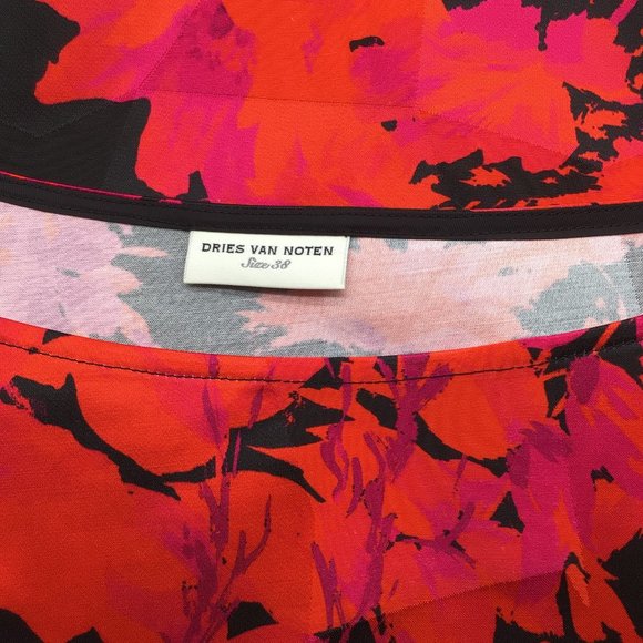 DRIES VAN NOTEN RED / BLACK MULTI FLORAL PRINTED COTTON MIDI DRESS - Picture 4 of 4